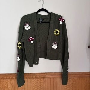 Olive Green Embroidered Mushroom & Daisy Cardigan Sweater